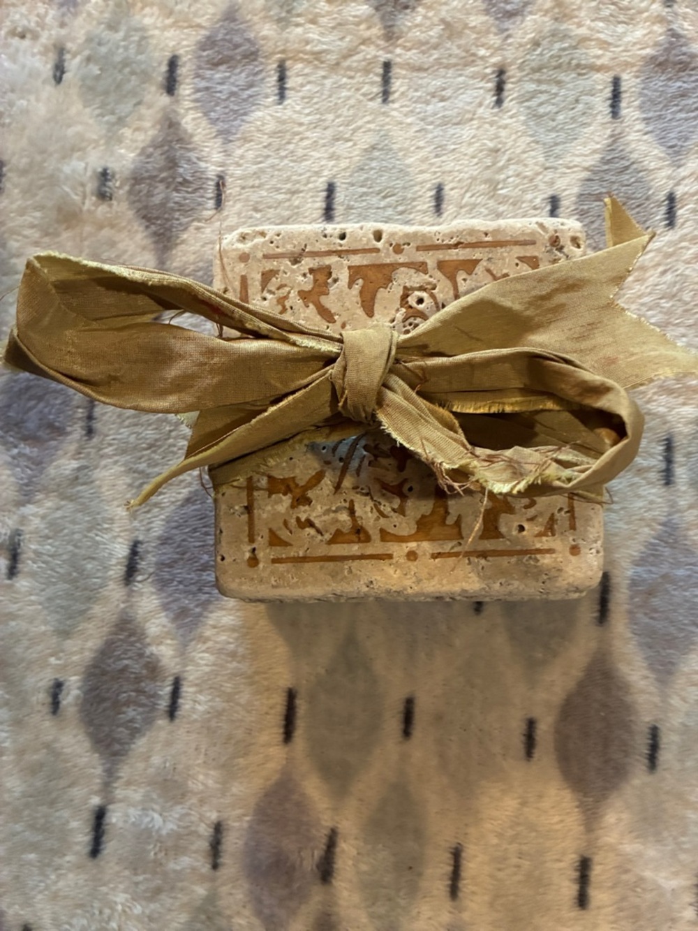 Set of 4 Decorative Stone Tile Coasters - Beige w/Brown Pattern-Ribbon Wrapped